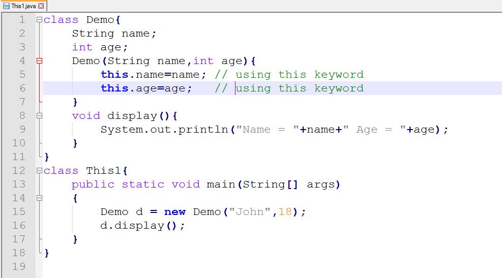 This image describes a program having proper this keyword. It can be used to refer current class instance variable, which removes ambiguity in naming variables. 